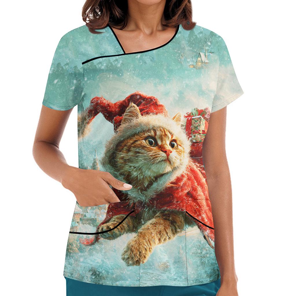 Women's Printed Work Clothes, Sloping Collar And Double Layer Pockets, Basic Top Pullover