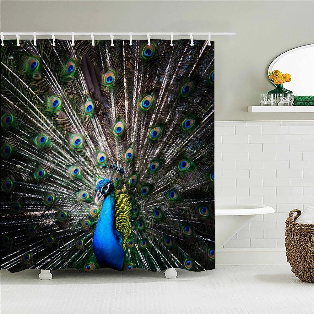 

3D Цветы и Птицы Павлины Шторка для душа Водонепроницаемые Занавески для ванной Полиэстер Домашний декор Экран для ванны с крючками W90xH180cm