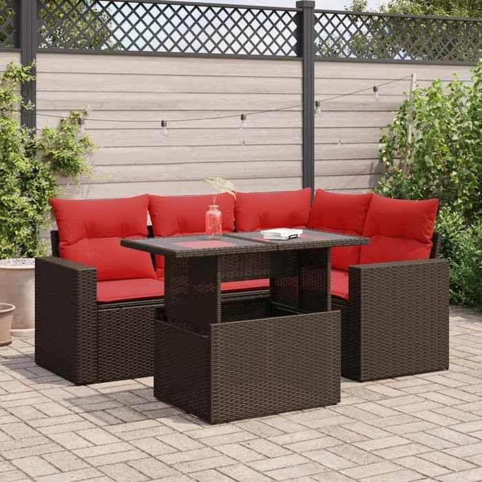 VidaXL Salon de jardin avec coussins 5pcs marron résine tressée acacia, ensemble de canapés d'extérieur, salon de jardin 3326315
