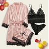 European Luxury V-Neck Lace Satin Pajamas & Nightgown Set - Includes Camisole & 3/4 Sleeve Robe, 4-Piece Women's Sleepwear.