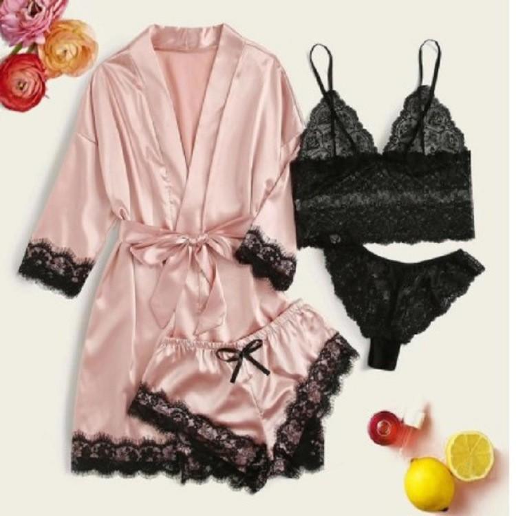European Luxury V-Neck Lace Satin Pajamas & Nightgown Set - Includes Camisole & 3/4 Sleeve Robe, 4-Piece Women's Sleepwear.