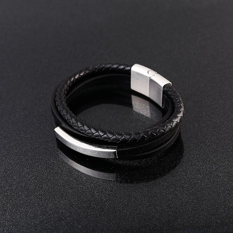 Mens Wide Leather Bracelet Handmade Multi-Layer Woven Cuff Geometric Design Steel Tone Adjustable Size