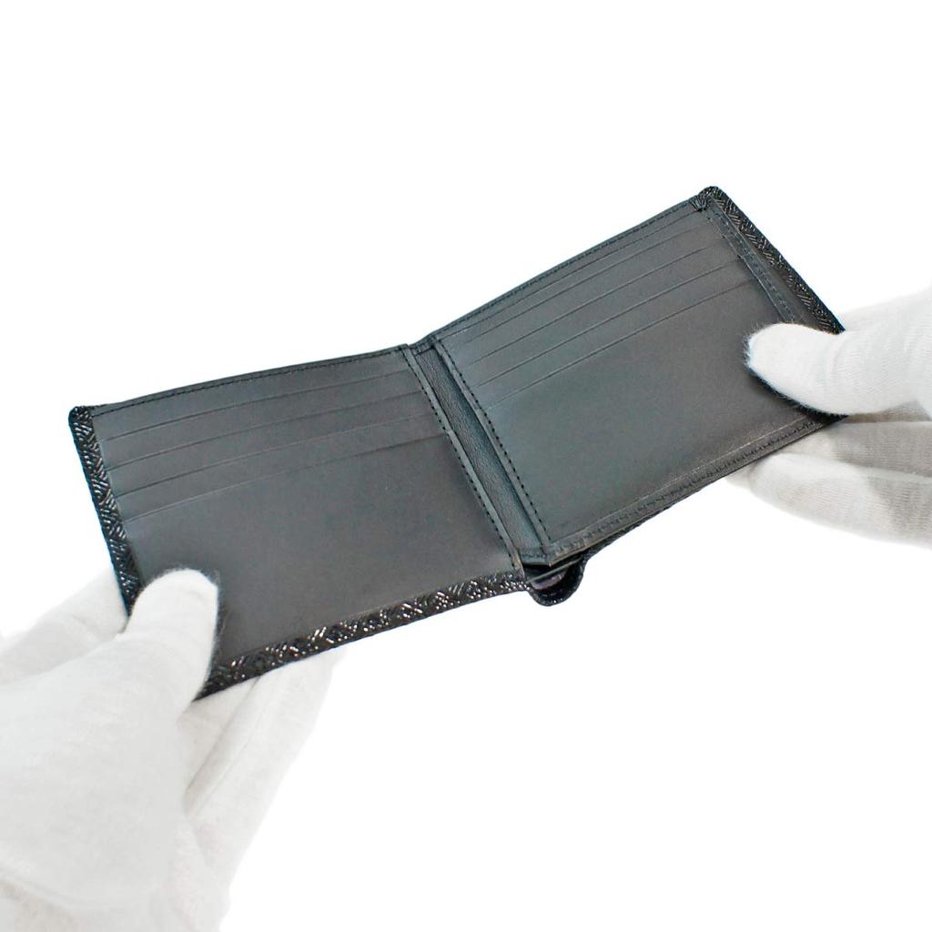 [Inden-ya] Inden Faltbörse, Scheinfach F, Ohne Münzfach, Hirschleder, Schwarz mit Schwarzem Lack, Ajiroi Webmuster, 2009-01-158