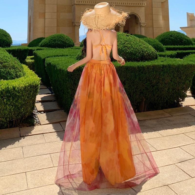 Island Vacation Dress Orange Floral Suspender Backless Thin Dress Seaside Beach Dress Women