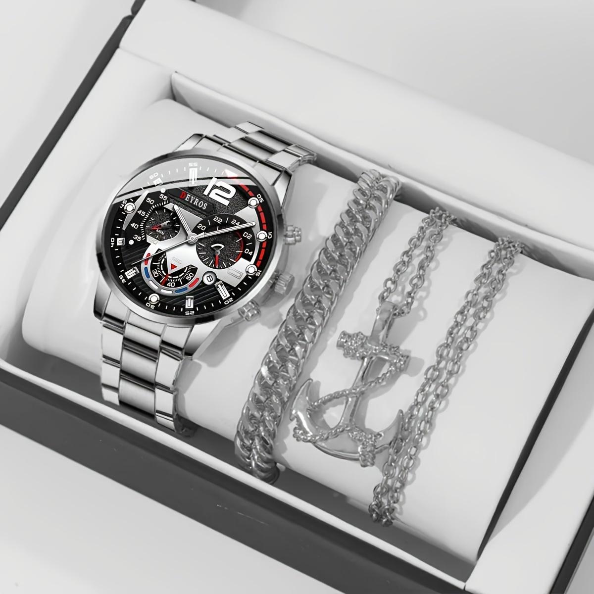 

3 шт./комплект, модные мужские деловые часы, повседневные кварцевые наручные часы из нержавеющей стали, золотое ожерелье, браслет и набор наручных часов