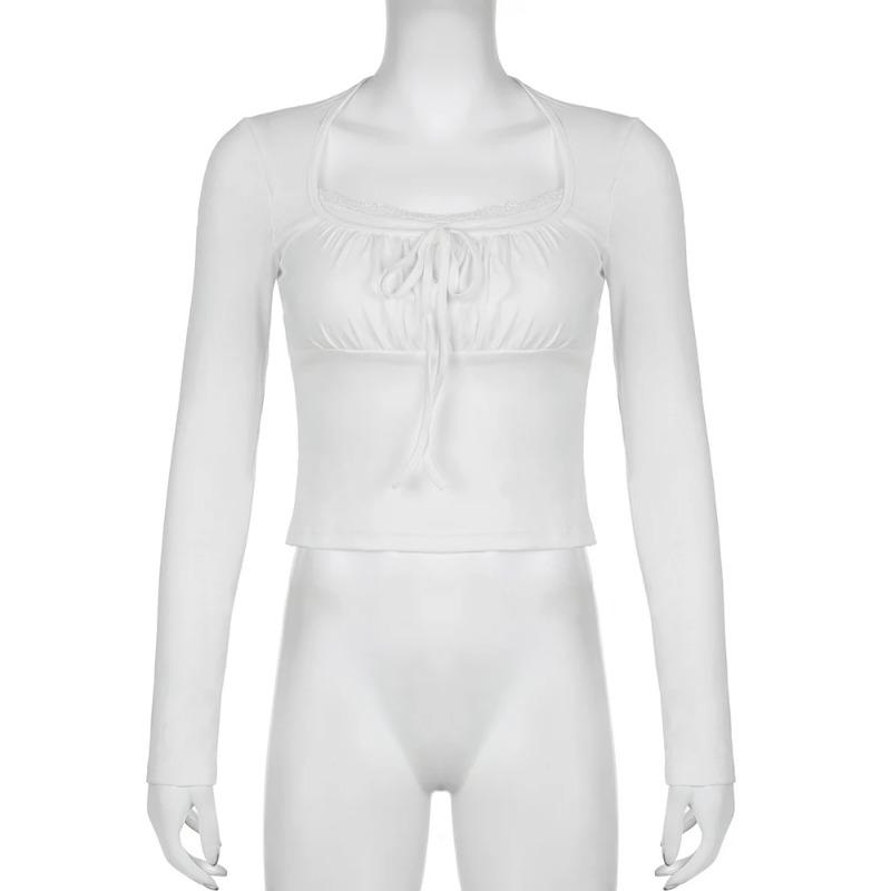 Rockmore Lace Stitching Kawaii T-Shirts Long Sleeve Spring Autumn Women Slim Casual Square Collar Basic Bottoming Pullover Tops