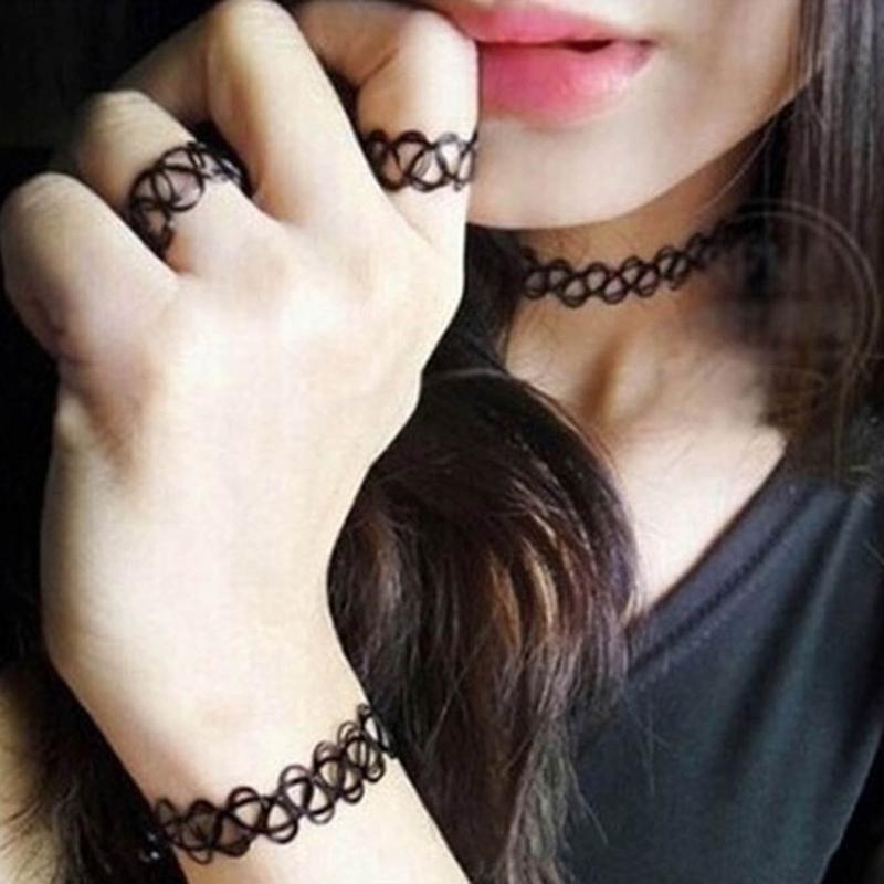 3Pcs Tattoos Necklace Set Elastic Stretch Necklace Bracelet Ring Tattoos Choker Women Girls Vintage Tattoos Jewelry