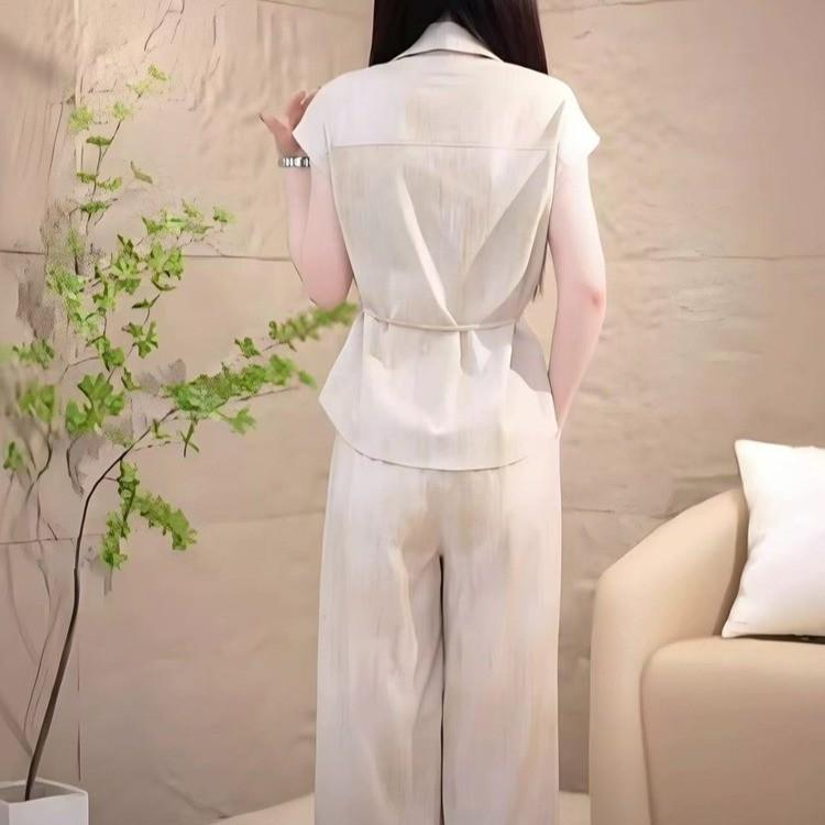 Chic Waist-Cinching Short-Sleeve Top & Wide-Leg Pants Set for Women - Elegant Summer Style