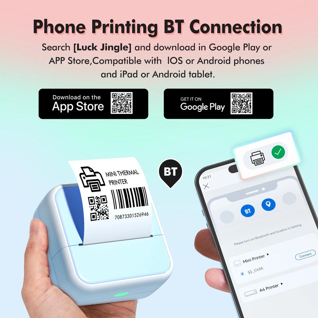 57mm Label Thermal Printer 2inch Pocket Printer BT Wireless Connect Compatible with for Android for IOS APP Support Receipt Labe