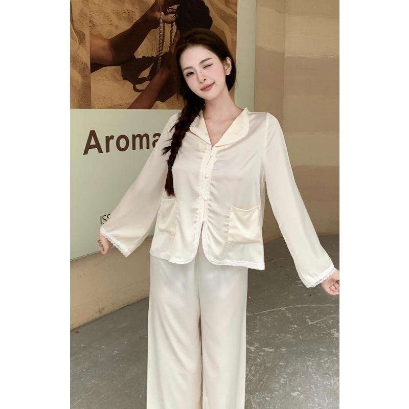 

Pajamas women s ice silk French elegant lace women s silk long-sleeved new loungewear warm and comfortable suit XL