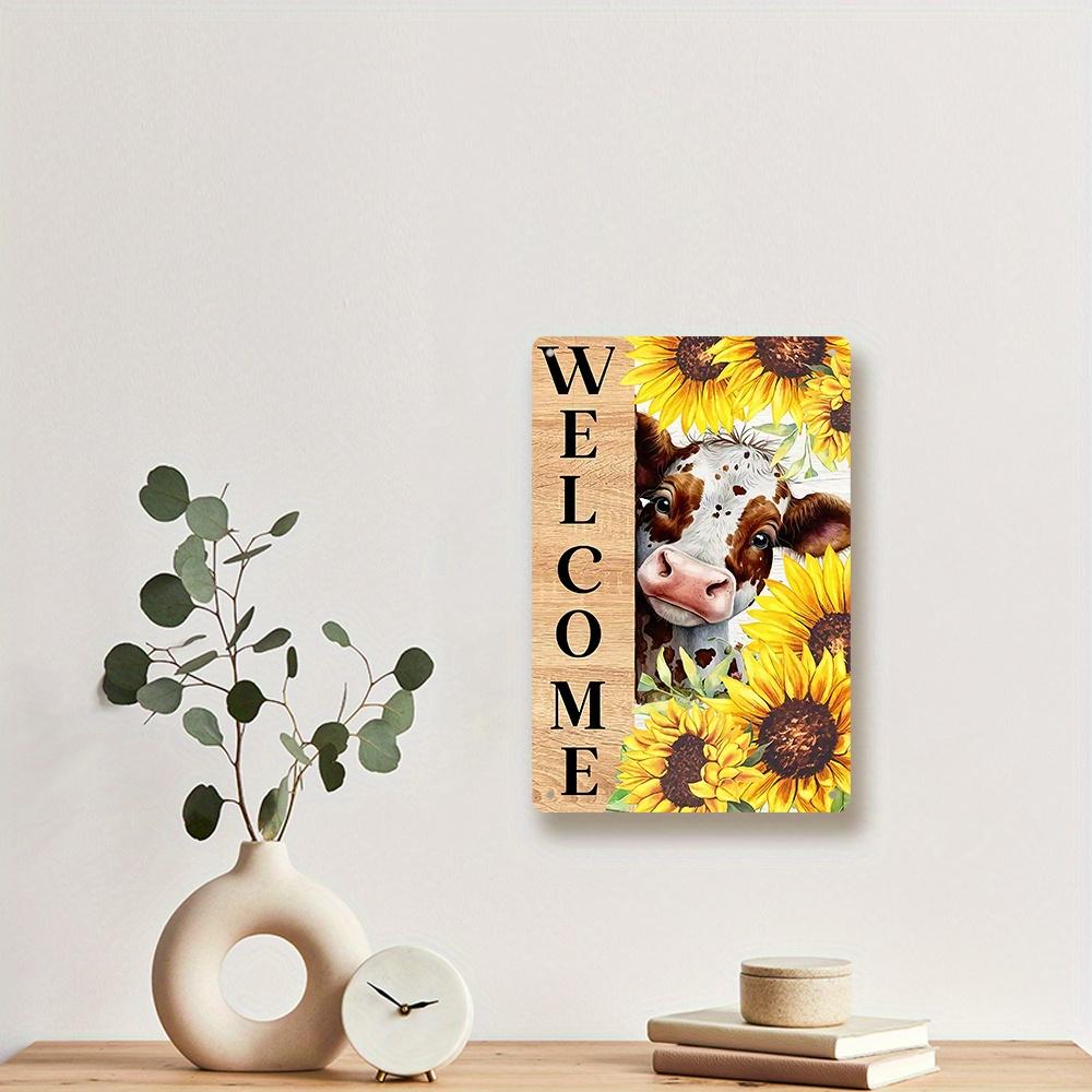 Welcome Metal Sign with Cattle and Sunflowers Rustic Farmhouse Wall Decor Charming Gift for Home Bar Cafe Living Room