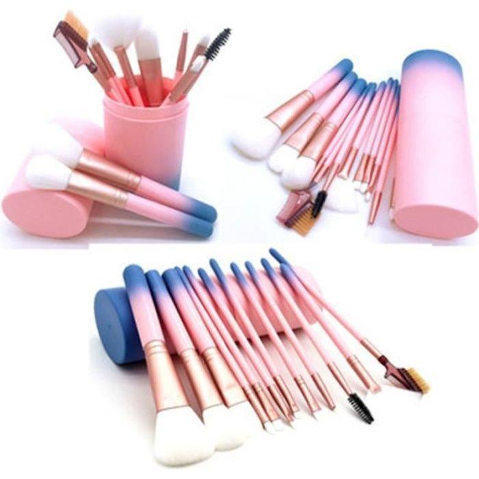12 pièces Kit De Pinceaux De Maquillage rose Dégradé Poignée En Plastique En Nylon Cheveux Fondation Brosse Ensemble.