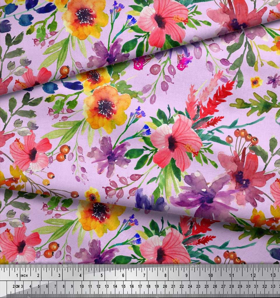 Soimoi Japan Crepe Satin Fabric Flower & Leaves Watercolor Decor Fabric Printed metre 42 Inch