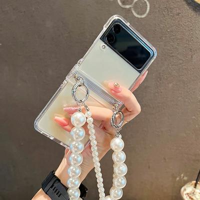 Für Samsung Galaxy Z Flip 3 4 5g Fall Crossbody Perle Lanyard Transparent Harte Pc Scharnier Schutz Telefon Abdeckung stoßfest Shell
