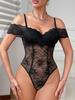 Trendy Black Lace See-Through Strappy Backless Bodysuit