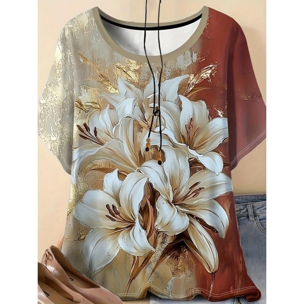 Summer Women's Floral T-Shirt 3D Print Loose Fit O-Neck Tees Comfortable Women's Clothing Casual Elegant Oversize Women's Tops