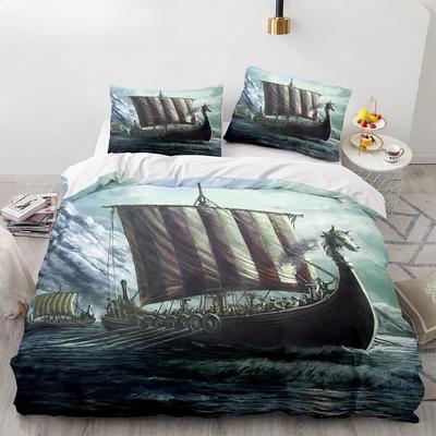 Copripiumino Vintage Vela Re Regina Set Biancheria da Letto Nautica Oceano per Adolescenti Adulti Nave Fuoco Nero 2/3pz Coperta Trapunta in Poliestere