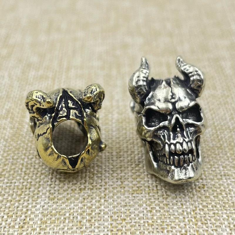 Brass Horned Skull Head Knife Bead Punk Edc Outdoor Diy Paracord Woven Lanyard Pendant Retro Umbrella Rope Bracelets Accessories