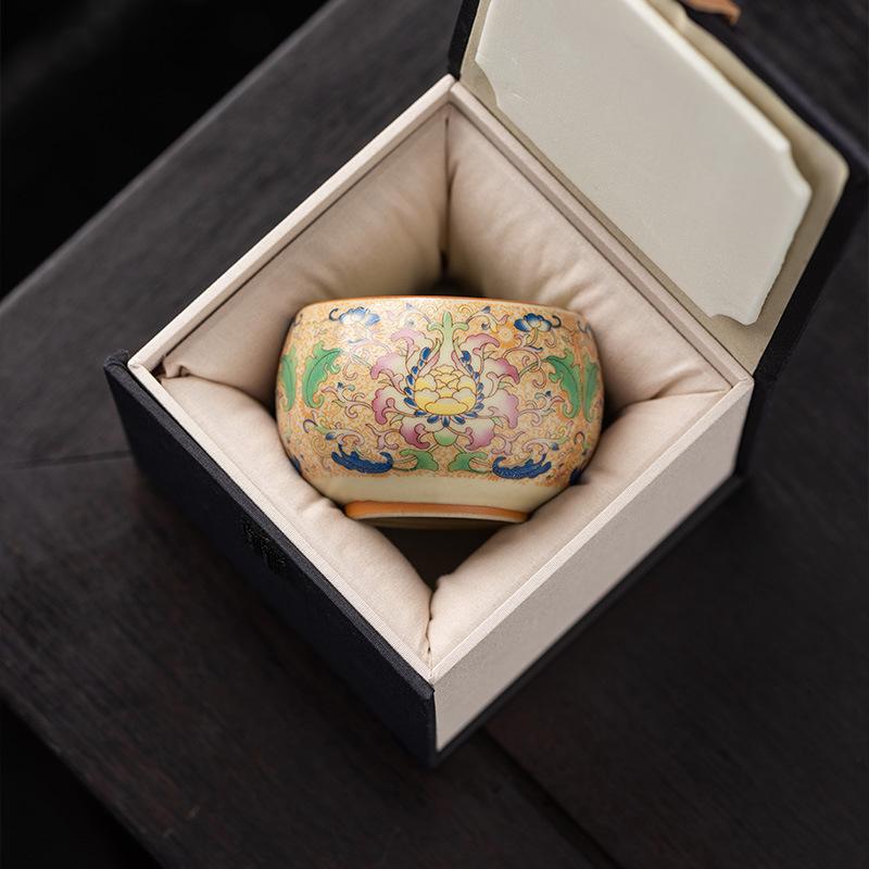 Enamel full color yellow Ru kiln master cup retro high-end tea cup tea bowl light luxury gift box business souvenir