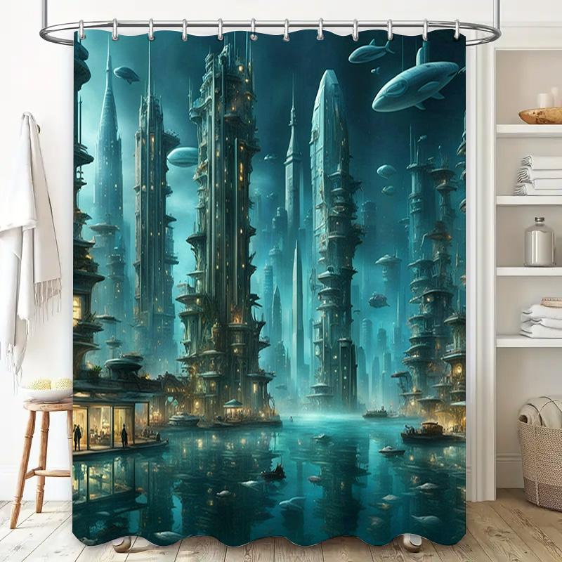 Futuristic Cityscape Shower Curtain Waterproof Wall Covering Decoration in Home Garden