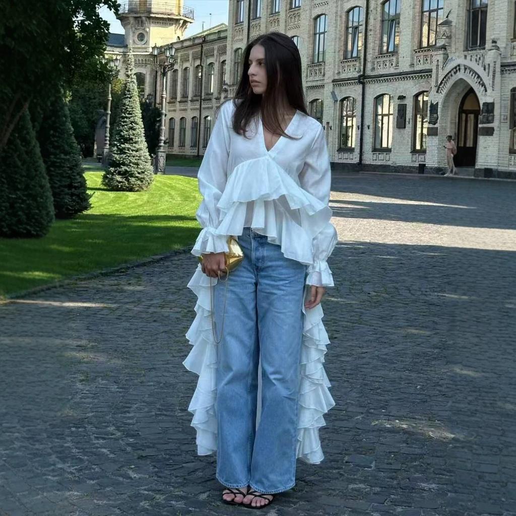 Sommer neu, französischer V-Ausschnitt mit Rüschenrand, mehrlagiges Hemd, dünner Jumpsuit
