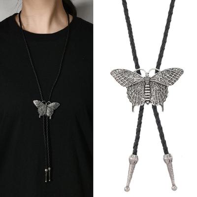 Stylish Butterfly Shaped Alloy Pendant Bolo Tie Necklace Soft PU Cord Adjustable Length For Men Women Accessories