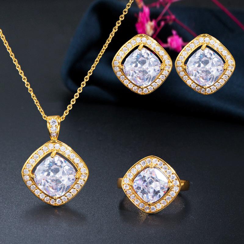 Simple Three-Piece Set Of Micro-Inlaid Zircon Square Earrings, Pendant, Ring Set Chain.