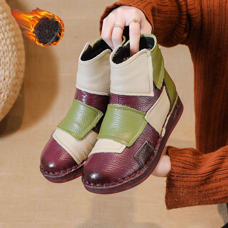 Vintage patches genuine leather ankle boots woman luxury snow shoes waterproof short plush boot women autumn booties lady flats