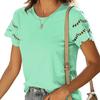 Ladies Summer Lacework Short Sleeve Round Collar Solid Color Pullover T Shirt Top