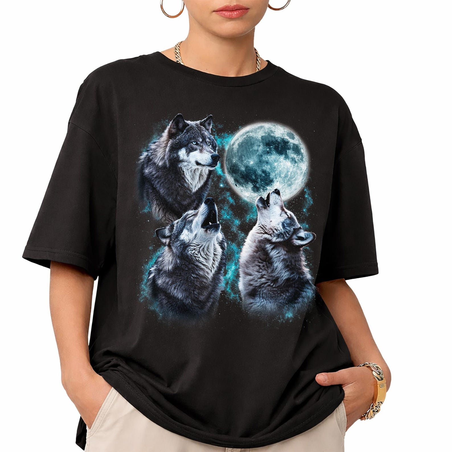 Comfort Colors Wolf Shirt, Three Howling Wolves Full Moon Graphic Tee, Wolf Lover Shirt, Wildlife Gift, Camping Hiking Nature Animal Tee M