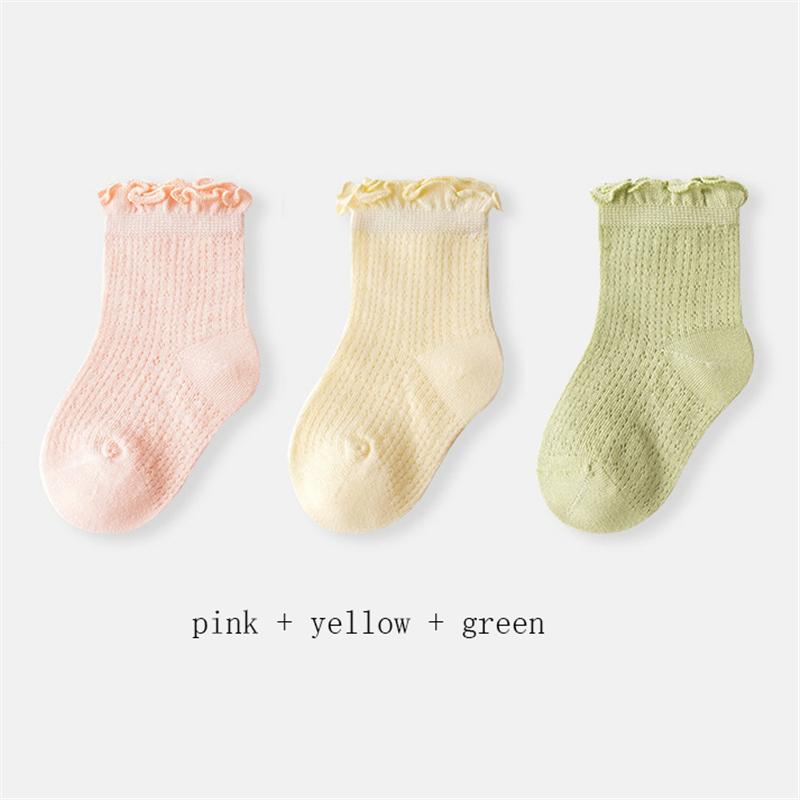 3 Pary/Partia Letnie Dziecięce Siateczkowe Cienkie Skarpetki Jednolite Miękkie Bawełniane Skarpetki Noworodkowe Księżniczka Falbanka Niemowlę Maluch Dziewczynki Śliczne Oddychające Skarpetki