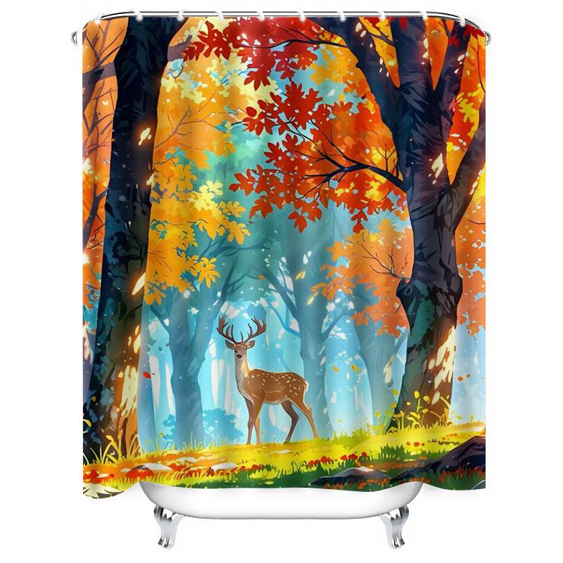 Autumn Forest Deer Design Waterproof Shower Curtain Heat Resistant Machine Washable Non-Transparent 180x180cm