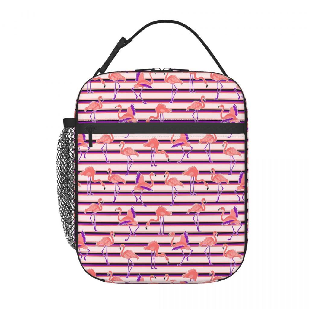 Black Striped And Cartoon Flamingo Insulated Lunch Bag for School Cooler Thermal Food Box Tote Leakproof Lunch Boxes Container