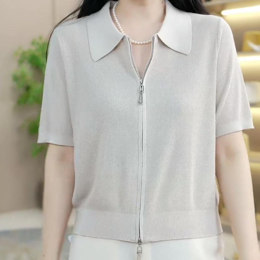Ice Silk Polo Neck T-shirt Short Sleeve New Fashionable Fashionable Shoulder Zipper Belly-covering Short Lapel Top