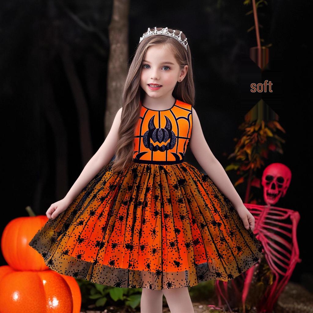 Girls' Halloween Pumpkin Party Dress - One-Piece Costume with Print