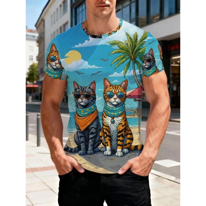 Summer Men's Cat 3D Printed Crew Neck T-Shirt Fashion Versatile