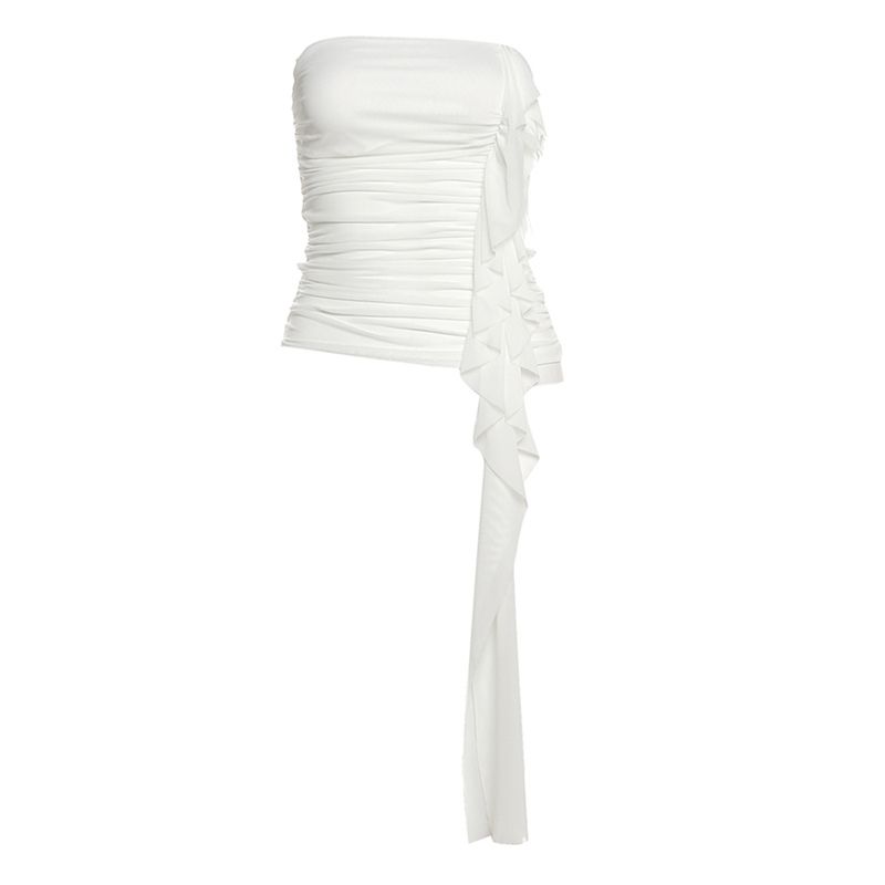 

# Sisjuly# Bai Lei Yayun Korean Series Fashionable Design Tulle Stacking Tassel Tube Top Women Gyaru Slightly Transparent White L