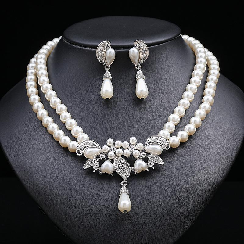 New Fashion personality flower Imitation Pearl Wedding Necklace Earring Set Bridal For Women Elegant Rhinestone Jewelry Gift
