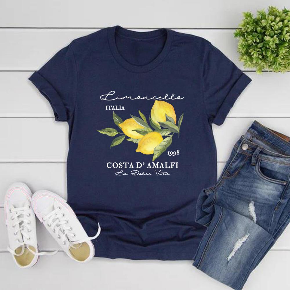 

Ретро Лимончелло La Dolce Vita Футболка Лимонная рубашка Италия Футболка Короткий рукав Женская футболка Летняя Повседневная футболка Эстетичная одежда XL темно-синий