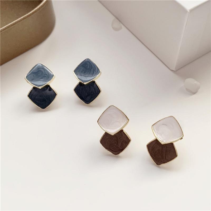 New Korean Fashion Enamel Double Square Drop Earrings Geometric Unique Blue Rhombus Hang Earrings For Women Trendy Jewelry Gifts