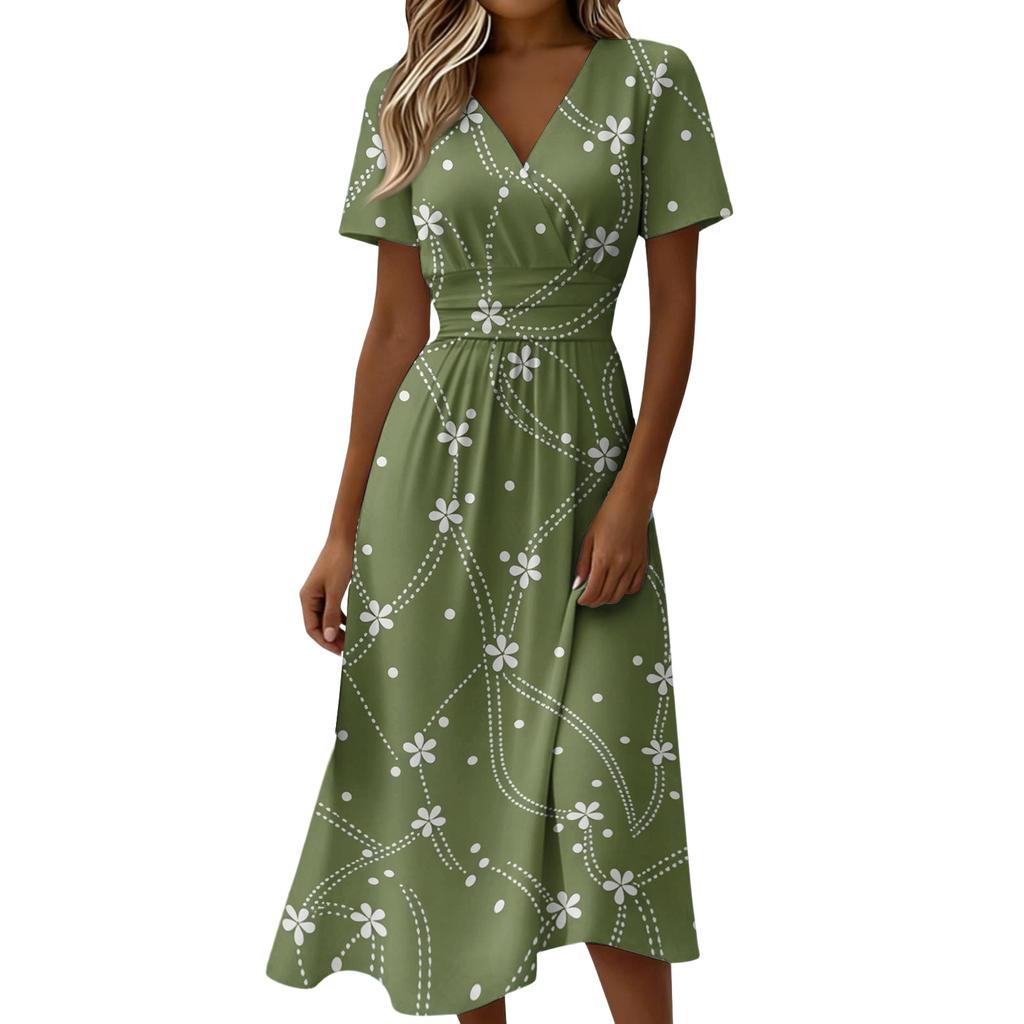Women Midi Dress Short Sleeve V Neck Summer Casual A Line Waist Defined Floral Print Soft Lightweight Graphic Dress