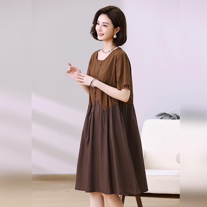 Mom's Summer 2025 Color Block Two-Piece Look Cotton Loose Mid-Length Dress