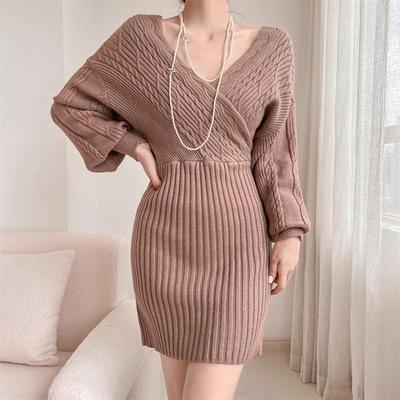 Women Cross Strapless V-neck Bottoming Dress Pit Strip Package Hip Long-sleeved Autumn Winter New Temperament Waisted Knitwear