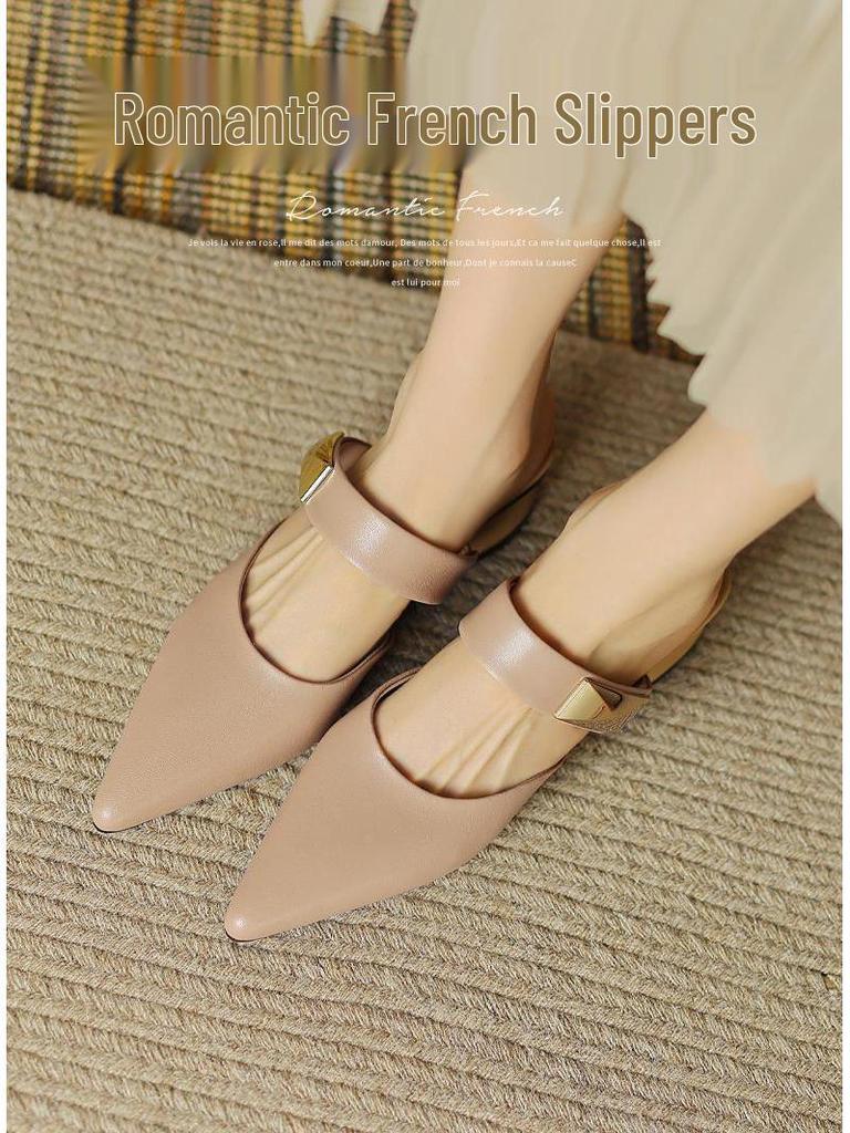 Echtes Leder Französische Spitze Schafsleder Pantoletten - Damen Sommer Zehenbedeckte Hausschuhe