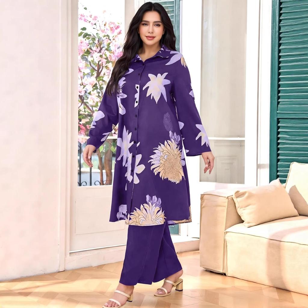 Dubai Plus Size Floral Long Sleeve & Pants with Long Skirt - Elegant Two-Piece Set