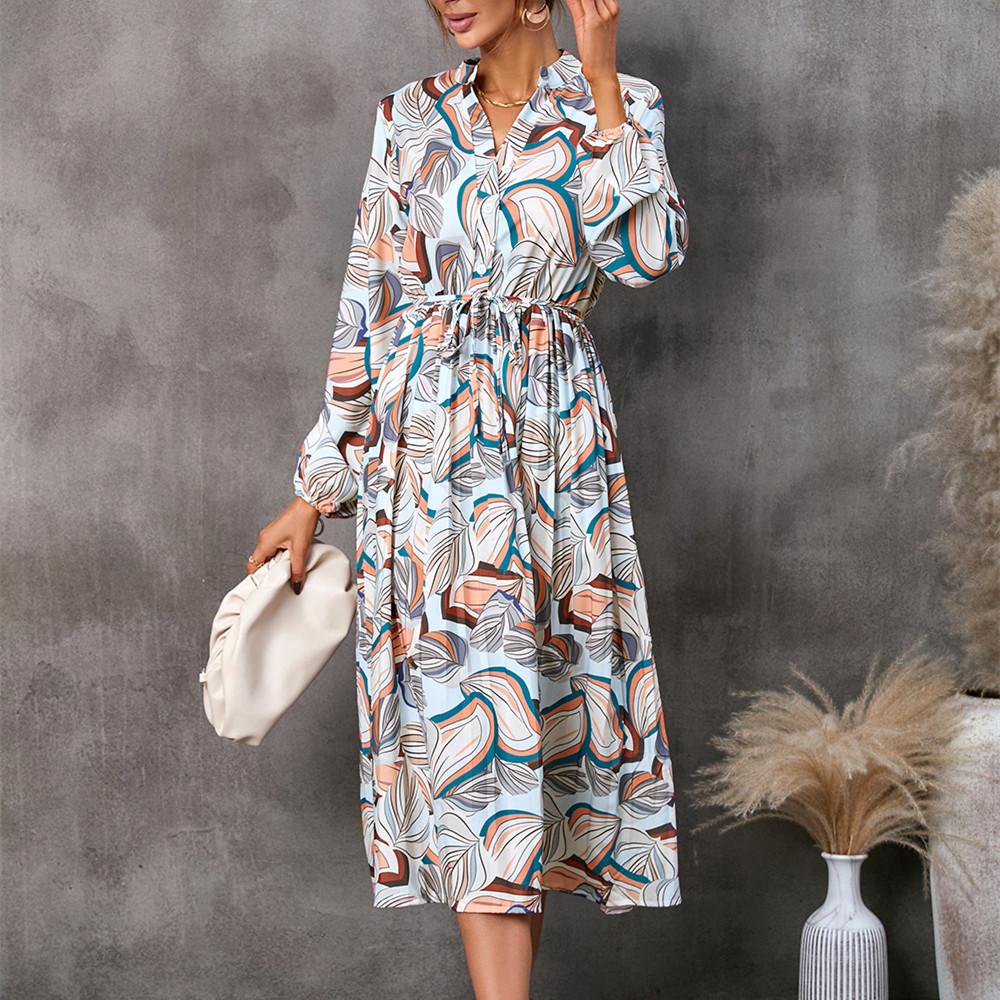 

QICED женские модные осенне-зимние повседневные платья с длинным рукавом и v-образным вырезом с цветочным принтом L белый