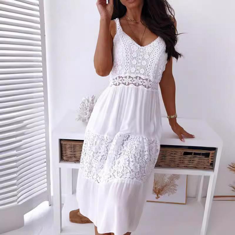 Women's Sexy Sling V-neck Lace Cut Out Flower Cluster Dress