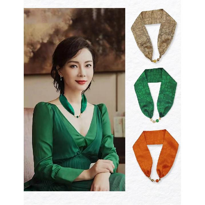 Mulheres Lenço De Seda Colar Fivela Magnética Com Strass Pequeno Lenço De Pescoço Clavícula Corrente Cocar Pingente Lenço