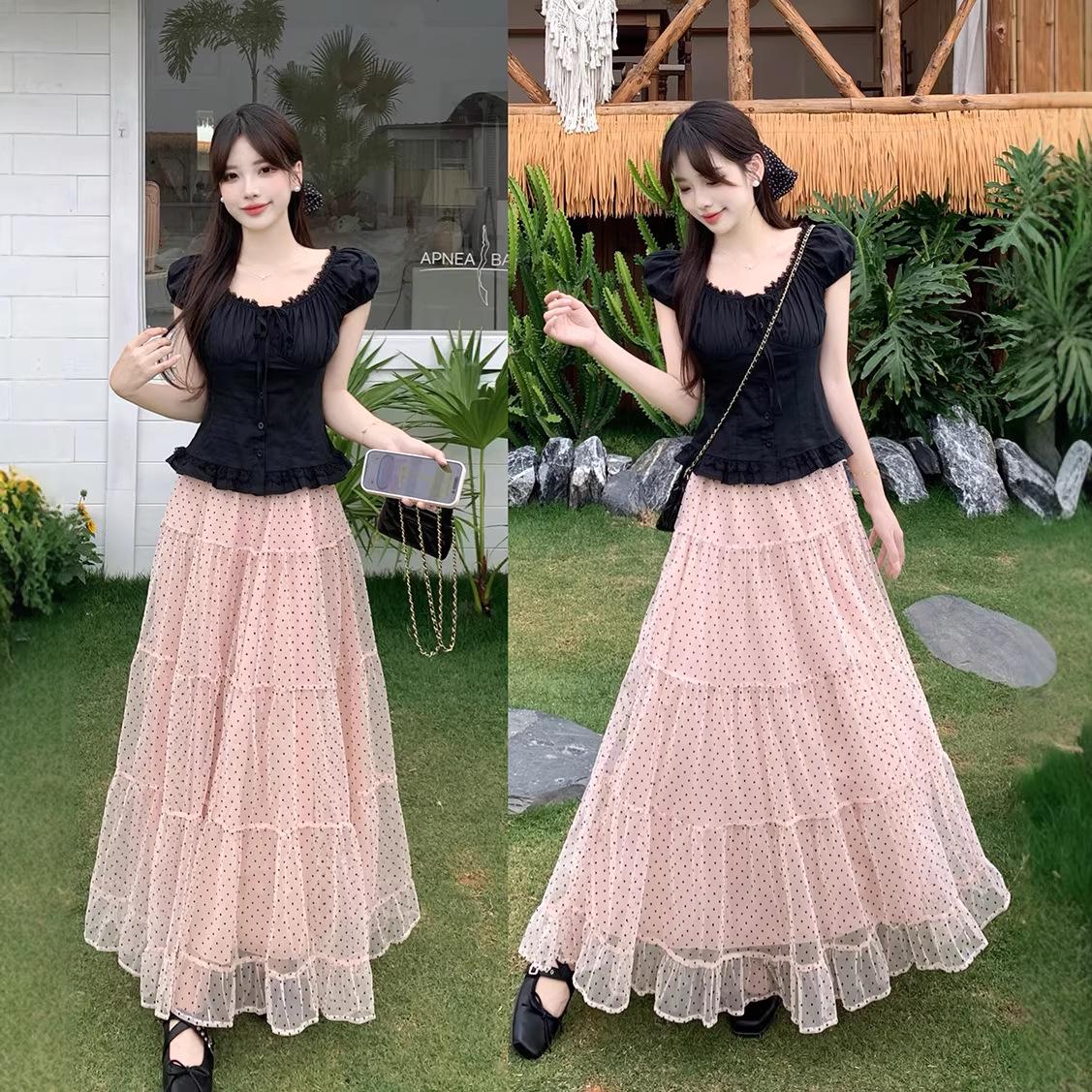 

Women s Pink Polka Dot Mesh A-Line Skirt Set: High-Waisted, Slimming, Long Skirt for Early Summer. 3XL