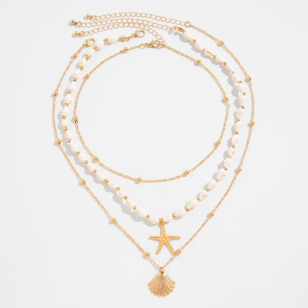 Starfish Shell Multilayer Necklace Heart Pendant Clavicle Chain Women Bohemia Style Necklace  Girls